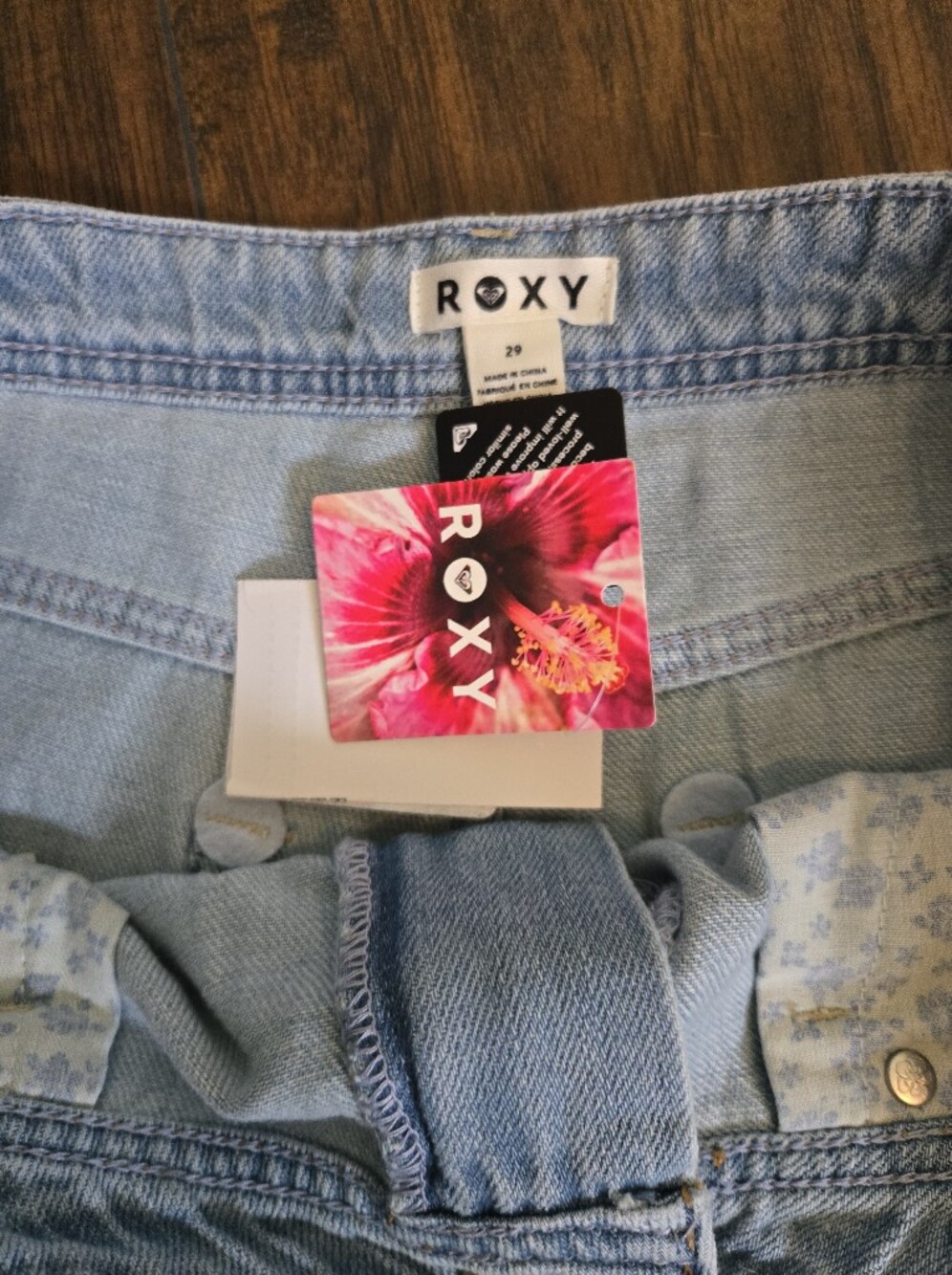 Roxy Light Wash Denim Shorts with Rainbow Pocket Stitching - Picture 4 of 5